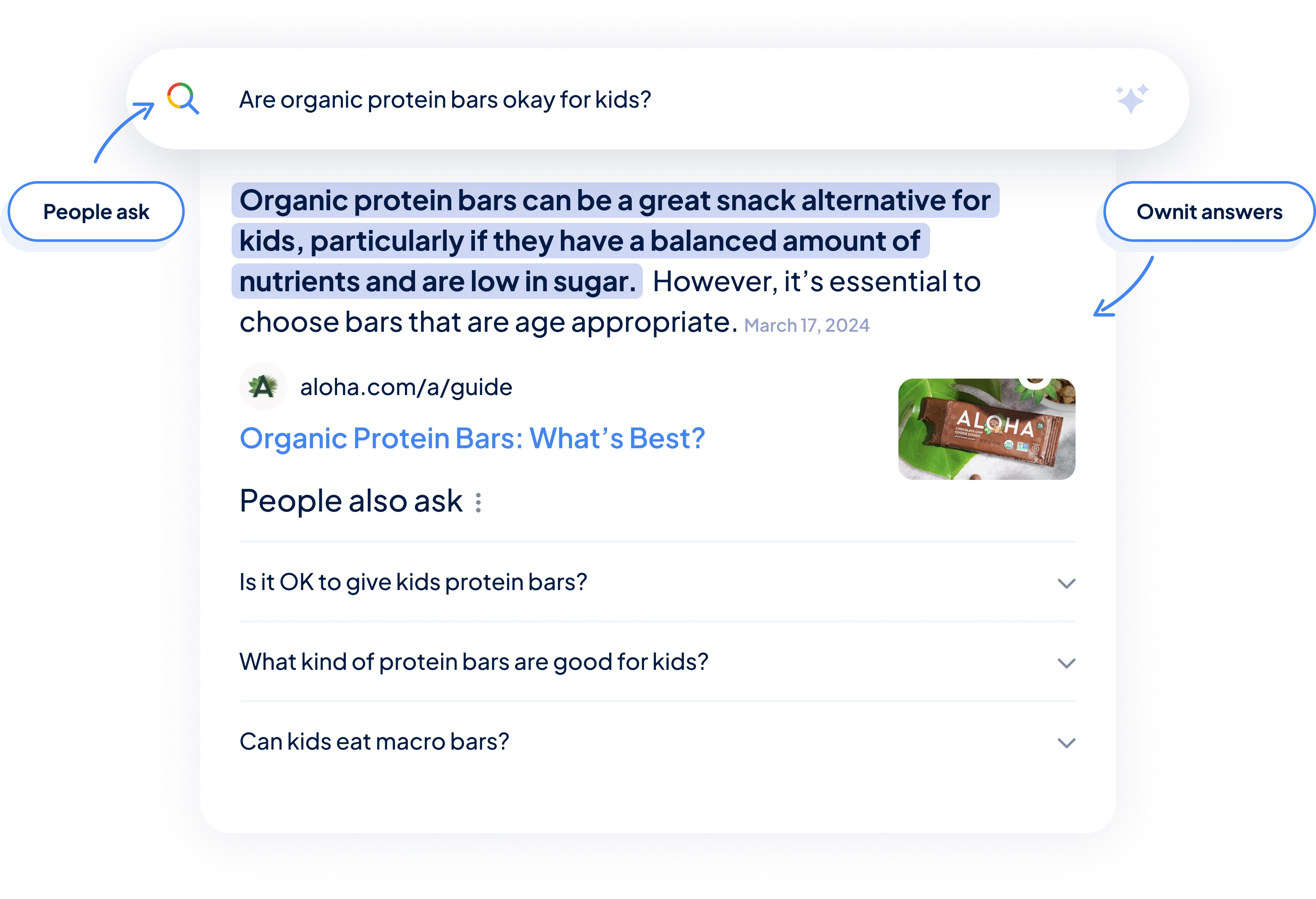 a screenshot of a google search result asking if organic protein bars are okay for kids