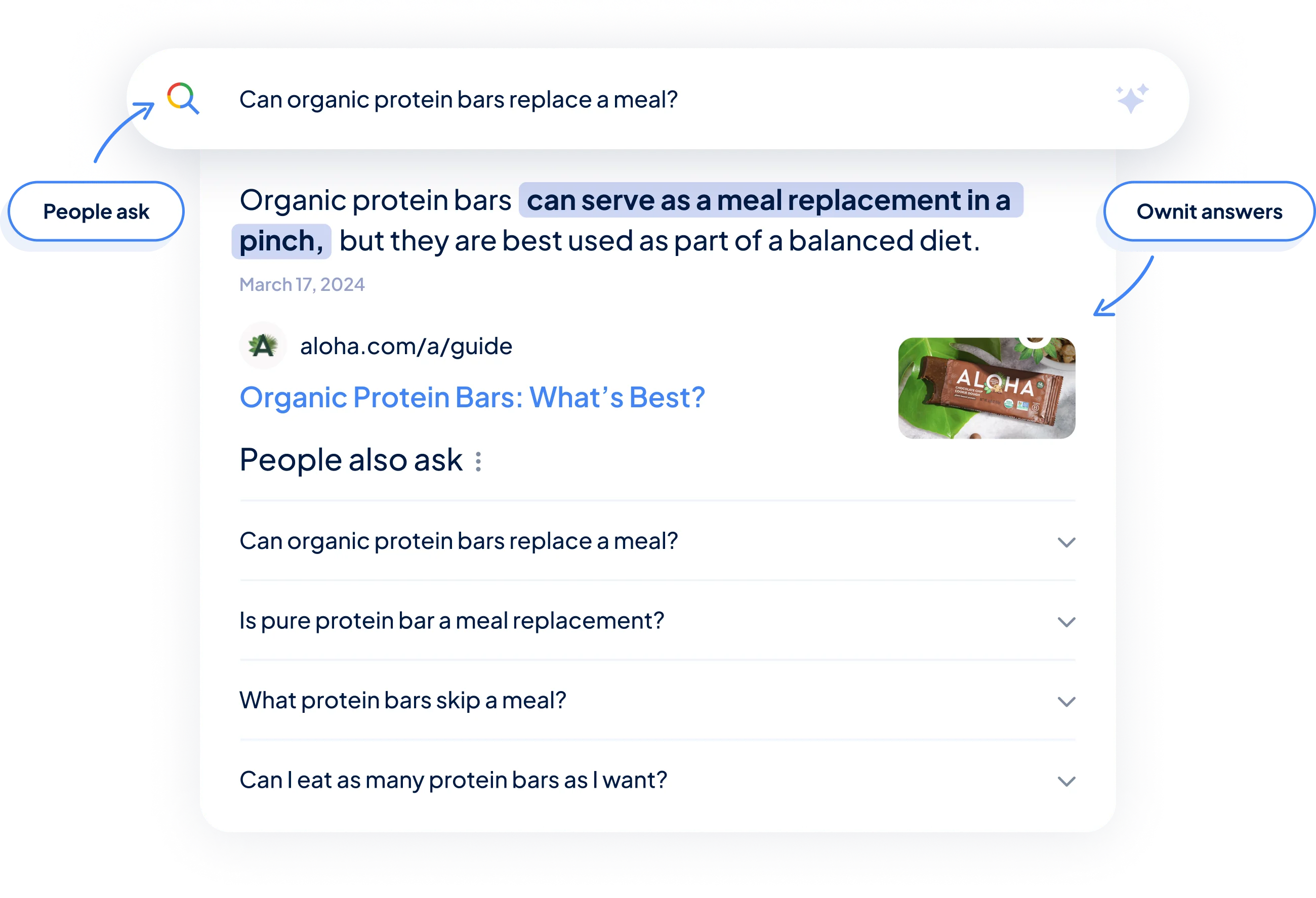 a screenshot of a google search result that says "can organic protein bars replace a meal"